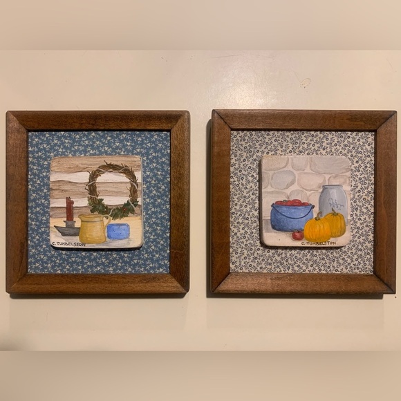 Hand Crafted Other - Vintage Set of Two Framed and Matted Hand Painted Tiles